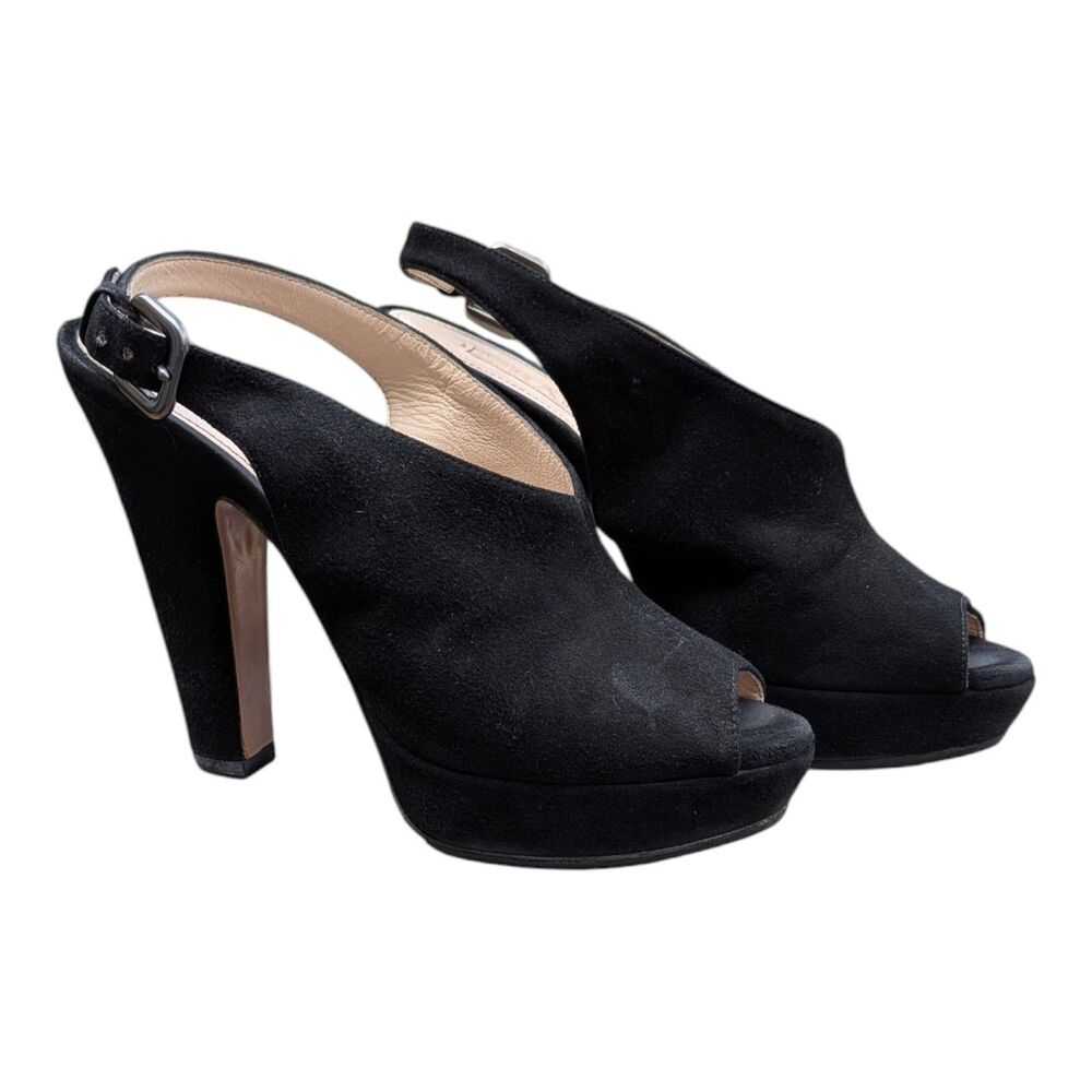 PRADA Black Suede Slingback Platform Heels Peep Toe Pumps Shoes Italy Size 36.5